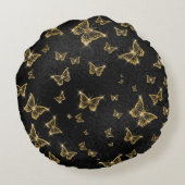 Glam金ゴールドと黒い蝶のパターン ラウンドクッション (裏面)