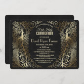 Glam金ゴールドアールデコピーコックス最初の聖餐式 招待状 (正面/裏面)
