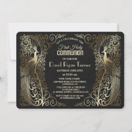 Glam金ゴールドアールデコピーコックス最初の聖餐式 招待状