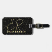 Glam金ゴールドグリッターが黒い背景に輝く ラゲッジタグ (正面横)
