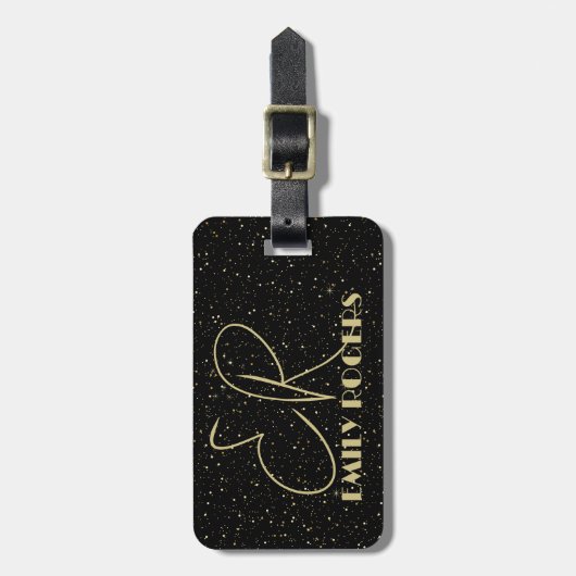 Glam金ゴールドグリッターが黒い背景に輝く ラゲッジタグ (正面縦)