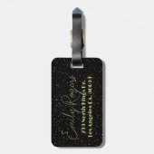 Glam金ゴールドグリッターが黒い背景に輝く ラゲッジタグ (裏面縦)