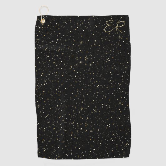 Glam金ゴールドグリッターと黒い画像のキラキラ ゴルフタオル (正面)