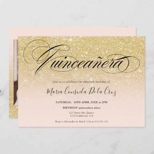 Glam金ゴールドグリッターグラデーションスクリプトpink quinceaenera 招待状 (正面/裏面)