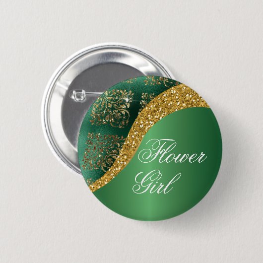 Glam金ゴールドグリッターグリーンメタリックフラワーガール 缶バッジ (正面&裏面)