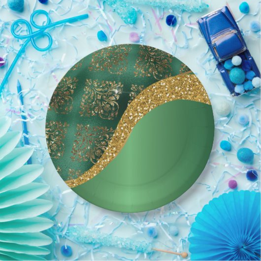 Glam金ゴールドグリッターグリーンメタリック結婚ズ ペーパープレート (パーティー)