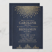 Glam金ゴールドグリッターネイビーアートデコヴィンテージウェディング 招待状 (正面/裏面)