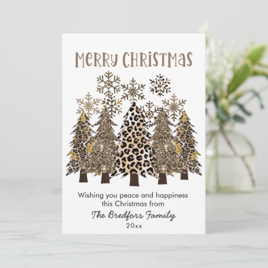 Glam金ゴールドグリッターヒョウ印刷ツリークリスマス シーズンカード (スタンド正面)