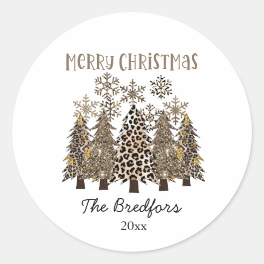 Glam金ゴールドグリッターヒョウ印刷ツリークリスマス ラウンドシール (正面)