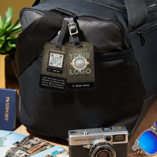 Glam金ゴールドグリッタービジネスカスタムロゴ、QRコード ラゲッジタグ (正面&裏面)