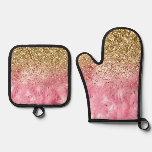 Glam金ゴールドグリッターピンクフェイクファー 鍋つかみ&鍋敷きセット (正面)