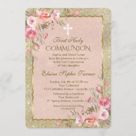 Glam金ゴールドグリッター赤面フローラファーストコミュニオン 招待状