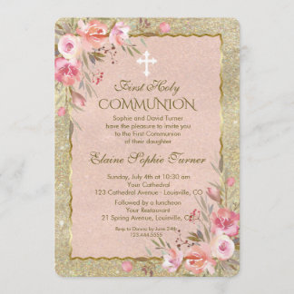 Glam金ゴールドグリッター赤面フローラファーストコミュニオン 招待状