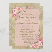 Glam金ゴールドグリッター赤面フローラベビーシャワー 招待状 (正面/裏面)