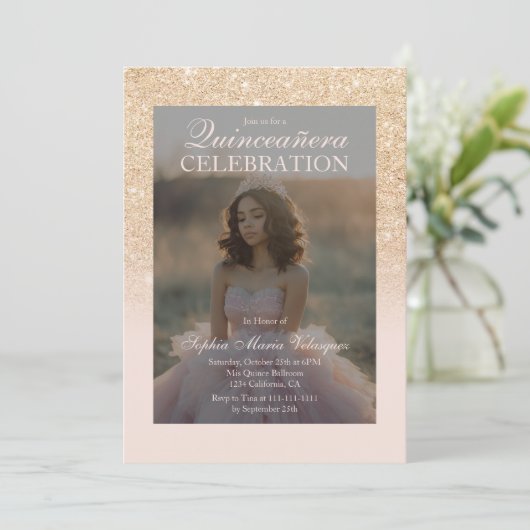 Glam金ゴールドグリッター2枚Qr赤面キンセアニラ 招待状 (スタンド正面)