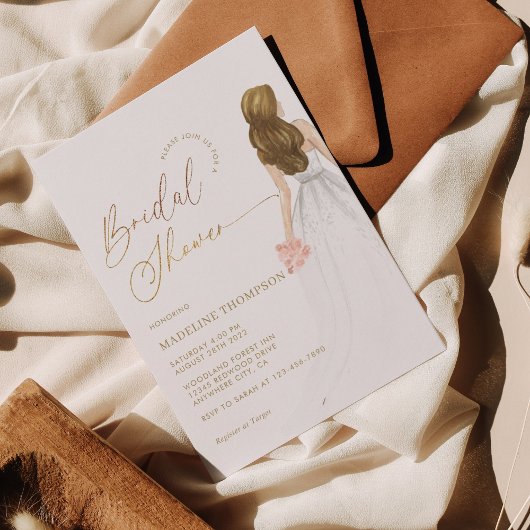 Glam金ゴールドスクリプトアイボリーブライドガウンブライダルシャワー 招待状