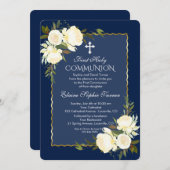 Glam金ゴールドネイビーブルーホワイトフローラファーストコミュニオン 招待状 (正面/裏面)