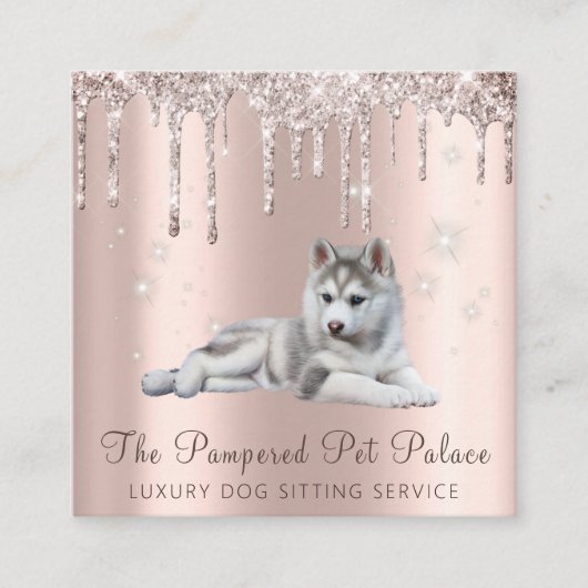 Glam金ゴールドバラグリッタードリップススクリプトペットシッター スクエア名刺 (正面)