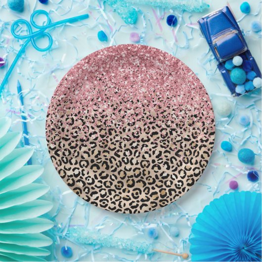 Glam金ゴールドヒョウ印刷きらびやかなピンクグリッター ペーパープレート (パーティー)