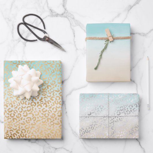 Glam金ゴールドヒョウ印刷アクアグラデーション水彩色 ラッピングペーパーシート (正面)