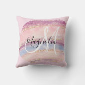 Glam金ゴールドピンクブルージェムストーンブラシストロークモノグラム クッション (裏面)