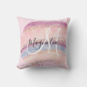 Glam金ゴールドピンクブルージェムストーンブラシストロークモノグラム クッション (正面)