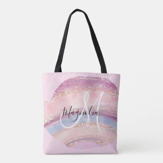 Glam金ゴールドピンクブルージェムストーンブラシストロークモノグラム トートバッグ (裏面)