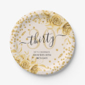 Glam金ゴールドフローラグリッター30th Birthday Script ペーパープレート (正面)