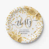 Glam金ゴールドフローラグリッター30th Birthday Script ペーパープレート (正面)
