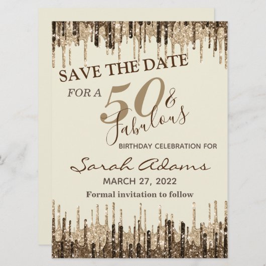 Glam金ゴールドブラウンドリップ50 Fab誕生日日付を保存 (正面/裏面)