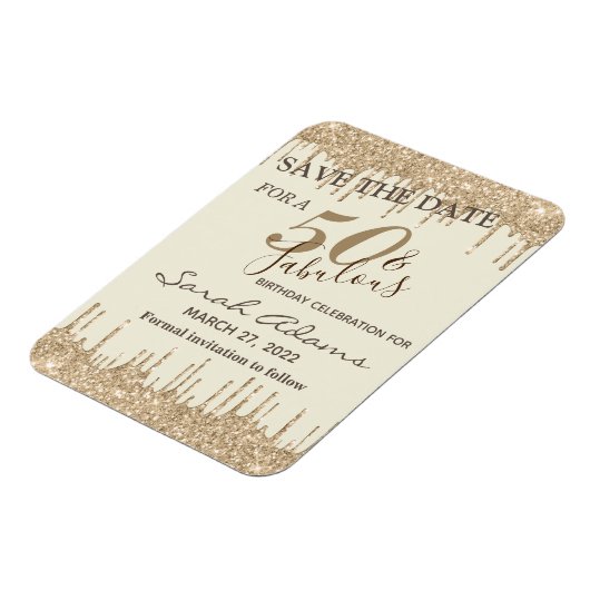 Glam金ゴールドブラウンドリップ50 Fab誕生日日付を保存 マグネット (左側)