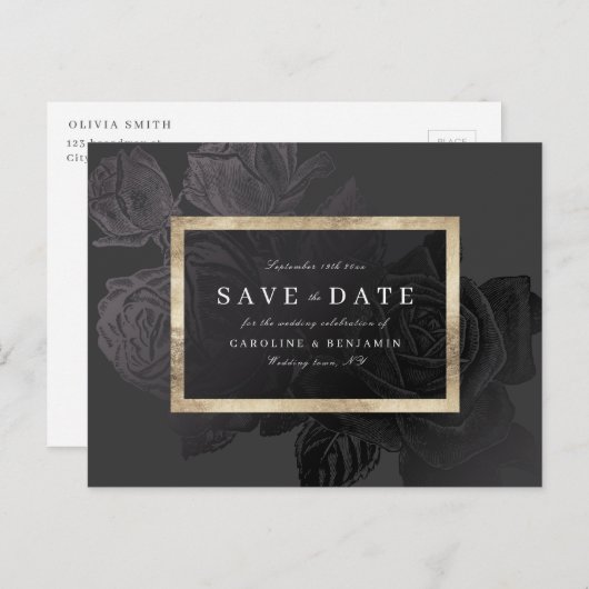 Glam金ゴールドブラック植物性フローラ保存日 案内ポストカード (正面/裏面)