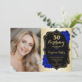 Glam金ゴールドブラック王室のブルー50thフォト誕生日 招待状 (スタンド正面)