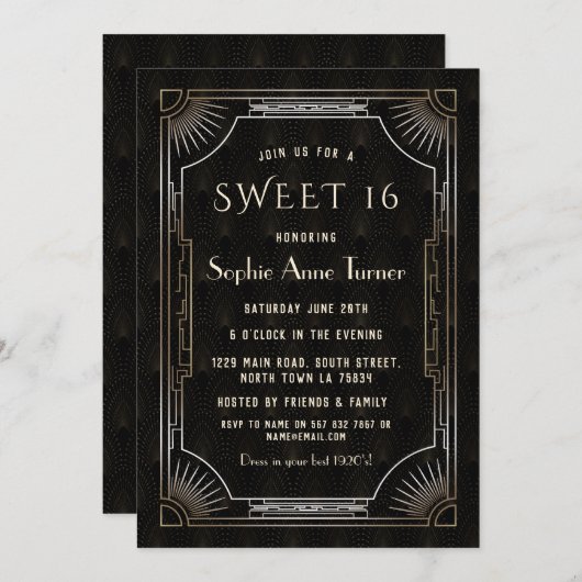 Glam金ゴールドブラック素晴らしギャツビーアールデコ20s SWEET 16 招待状 (正面/裏面)