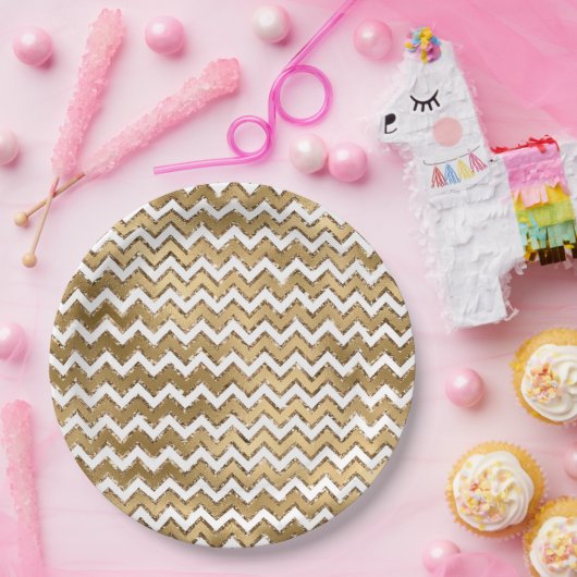Glam金ゴールドホワイトジグザグストライプ ペーパープレート (パーティー)