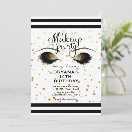 Glam金ゴールドメイクアップまつげ美しいドットパーティー 招待状 (スタンド正面)