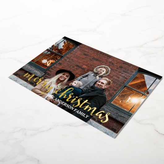 Glam金ゴールドモダン紙吹雪ファミリーフォトクリスマスH 箔シーズンカード (回転した状態)