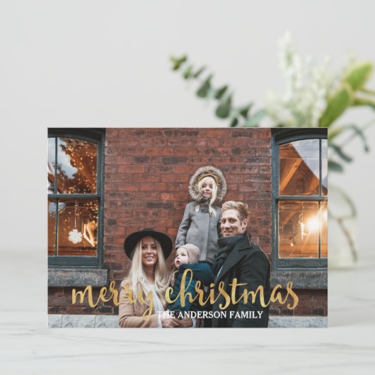 Glam金ゴールドモダン紙吹雪家族フォトクリスマス シーズンカード (スタンド正面)