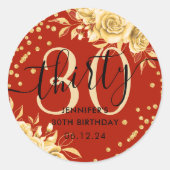 Glam金ゴールドレッドフローラグリッター30th Birthday Script ラウンドシール (正面)