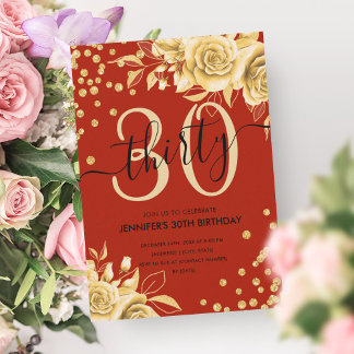 Glam金ゴールドレッドフローラグリッター30th Birthday Script 招待状