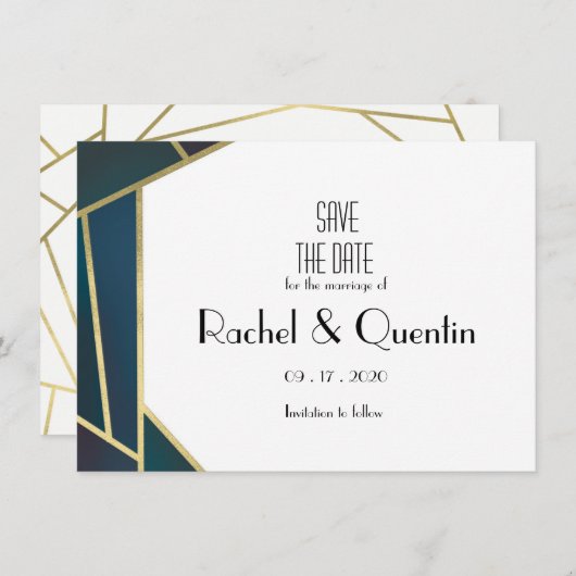 Glam金ゴールド幾何学的アールデコ結婚式の日付を保存 セーブザデート (正面/裏面)