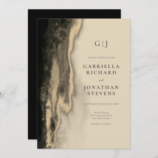 Glam金ゴールド抽象芸術ベージュアンドブラック結婚ズ 招待状 (正面/裏面)