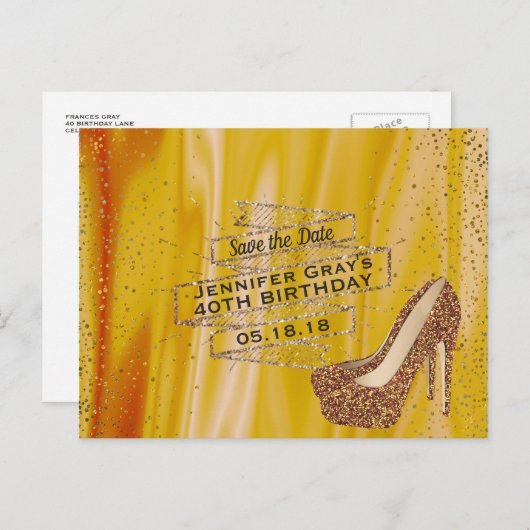 Glam金ゴールド日付を保存エレガントな誕生日パーティー 案内ポストカード (正面/裏面)