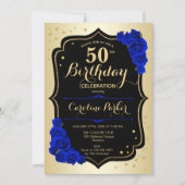 Glam金ゴールド王室のブラックブルー写真50誕生日 招待状 (正面)