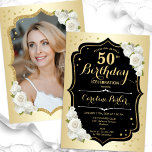 Glam金ゴールド白黒写真50誕生日 招待状<br><div class="desc">エレガントフローラ50歳の誕生日の招待状とカードの後ろの写真。グラムデザインフェイク金ゴールド。白いバラ、スクリプトフォント、紙吹雪を備えている。大人スタイリッシュのお祝いパーティーに最適。独自の詳細でパーソナライズどんなカスタマイズ年でもいい！印刷されたZazzle招待状または即時ダウンロードのデジタル印刷可能なテンプレート。</div>