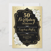 Glam金ゴールド白黒写真50誕生日 招待状 (正面)