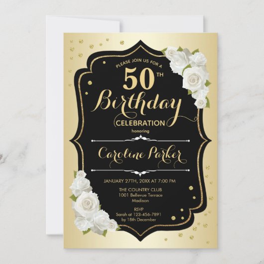 Glam金ゴールド白黒写真50誕生日 招待状 (正面)