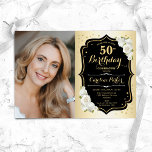 Glam金ゴールド白黒50thフォト誕生日 招待状<br><div class="desc">エレガントフローラ50歳のフェミニン誕生日の招待状と写真。グラムデザインフェイク金ゴールド。白いバラ、スクリプトフォント、紙吹雪を備えている。大人スタイリッシュのお祝いパーティーに最適。独自の詳細でパーソナライズどんなカスタマイズ年でもいい！印刷されたZazzle招待状または即時ダウンロードのデジタル印刷可能なテンプレート。</div>