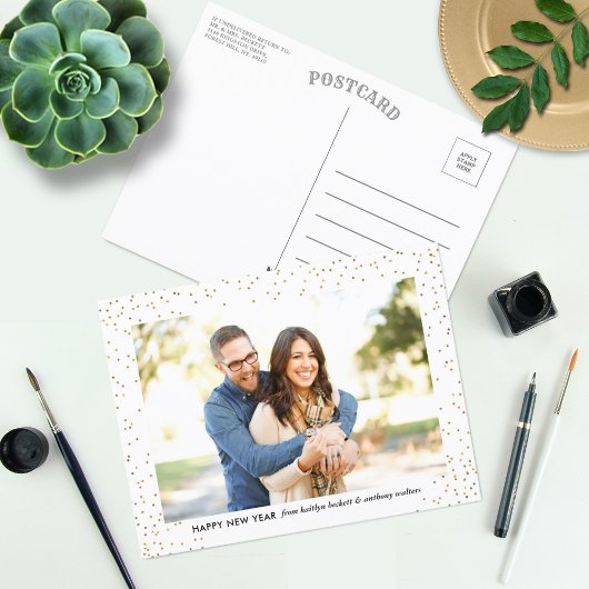 Glam金ゴールド紙吹雪ハッピーニューイヤー写真 シーズンポストカード