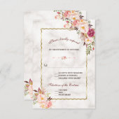 Glam金ゴールド赤面ピンクフローラマーブルウェディングRSVP 出欠カード (正面/裏面)